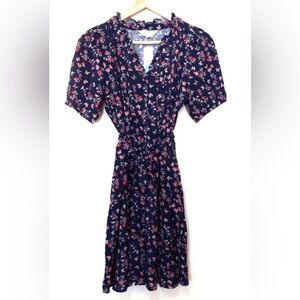 Jessica Ruffle Neck Button Down Dress - Navy with Flowers